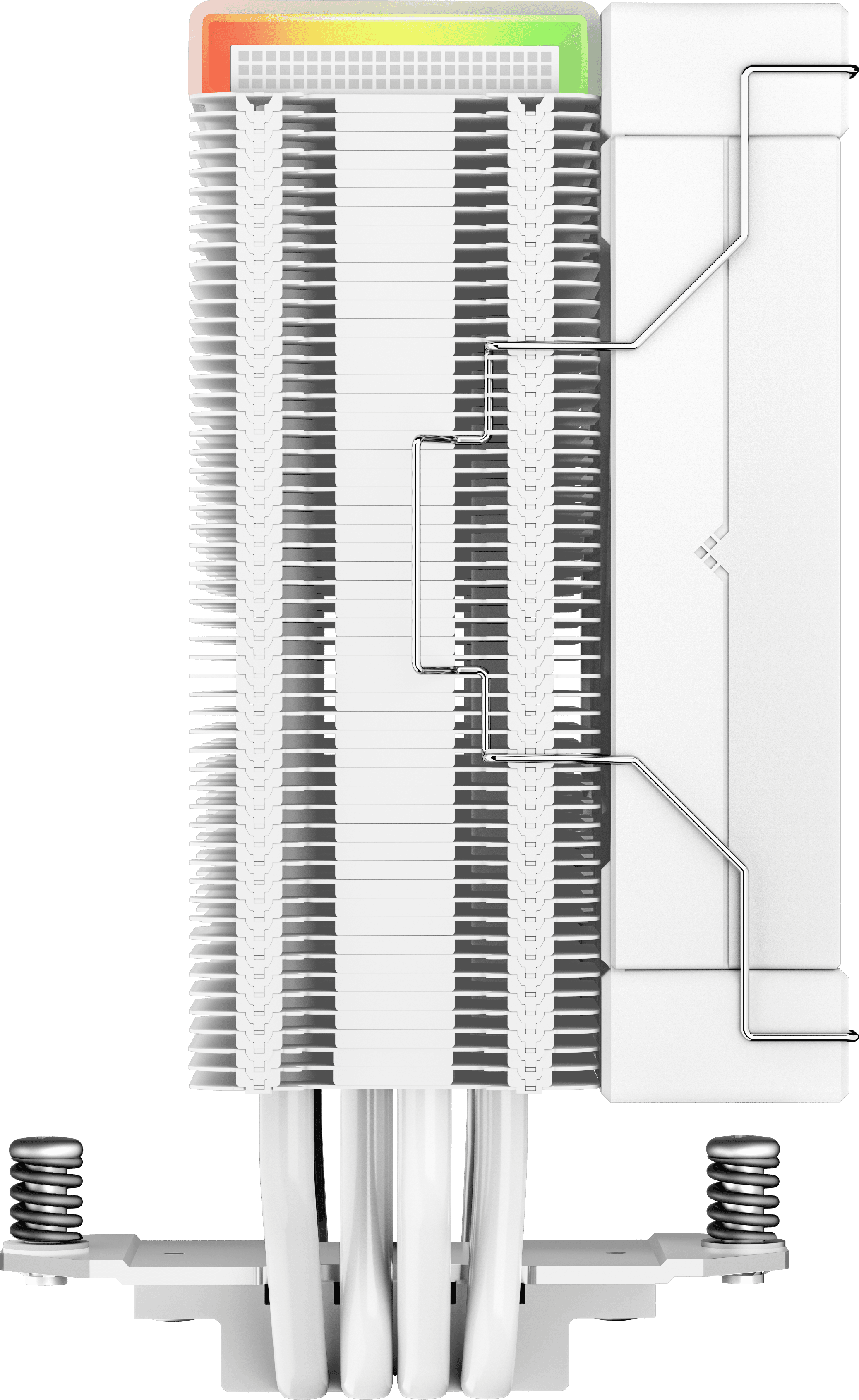Egy fehér CPU-hűtő ventilátorral és hűtőbordákkal. Fekete háttér.