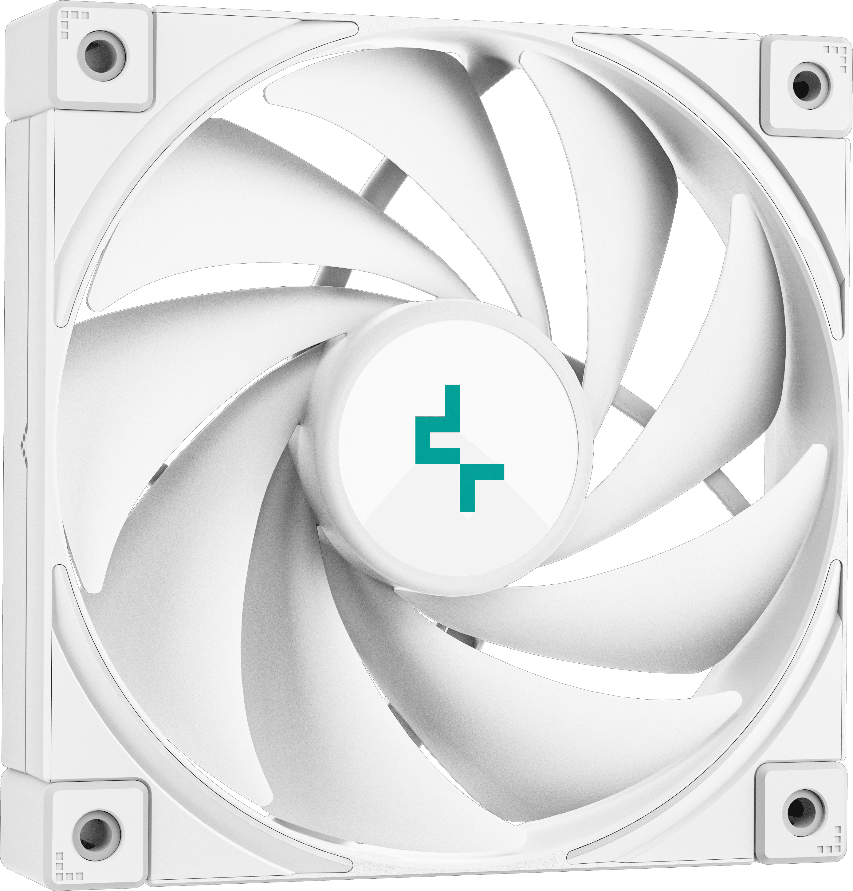 Egy fehér számítógép ventilátor, hét pengével, türkiz logóval és négyzet alakú kerettel.