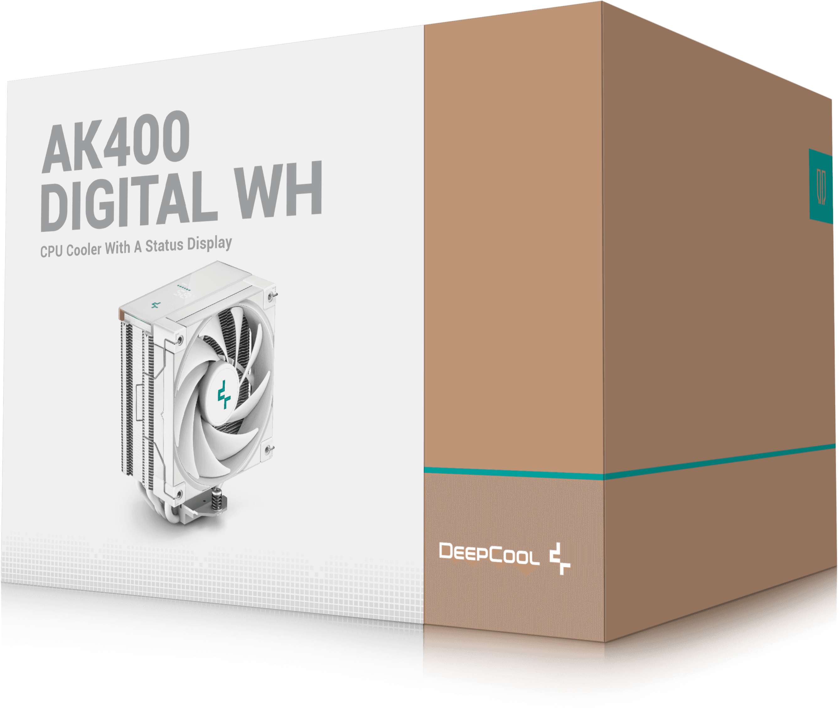 Fehér CPU-hűtő doboz "AK400 DIGITAL WH" szöveggel. A bal oldalon fehér hűtő látható.