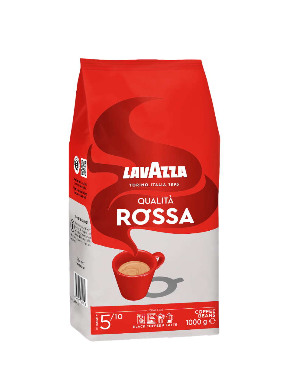 Roter Lavazza-Kaffeebohnenbeutel. Enthält Markenlogo und eine Kaffeetassen-Illustration.