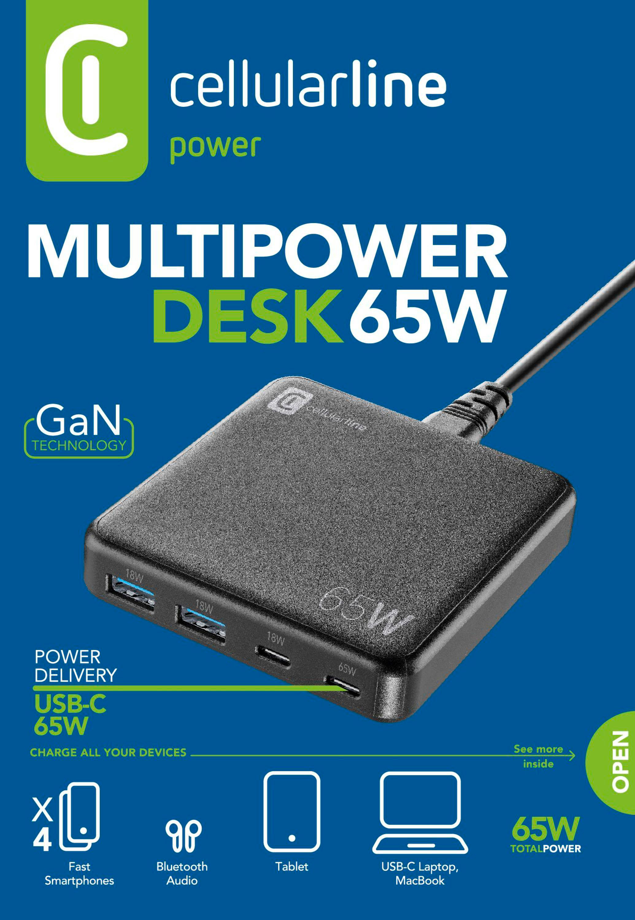 Cellularline Multipower Desk 65W Ladegerät mit mehreren USB-Anschlüssen und GaN-Technologie.