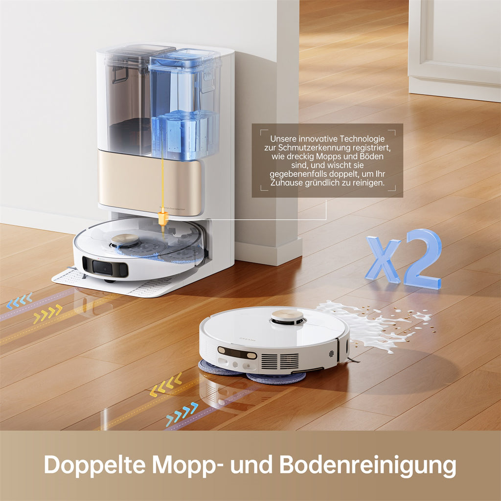 Roboter-Staubsauger und eine Reinigungsstation mit zwei Wassertanks und einem Wischtuch.