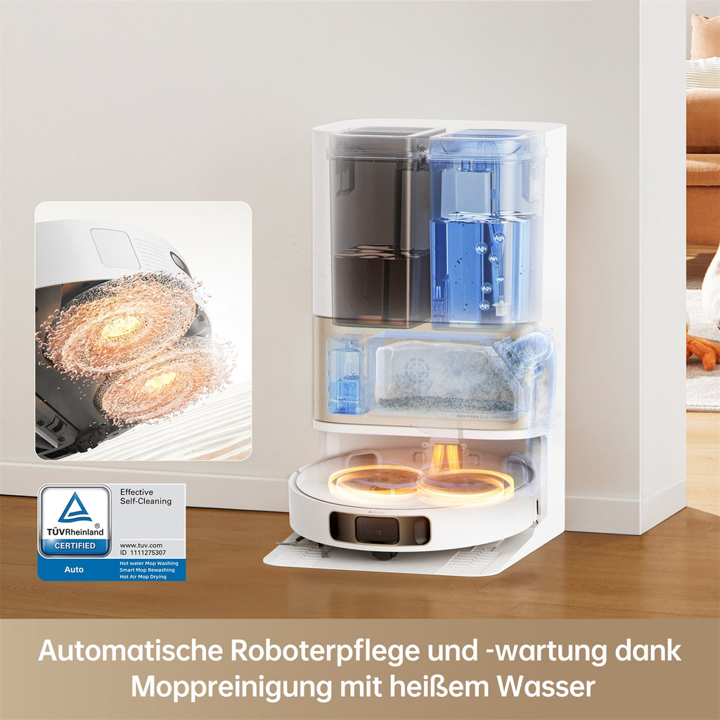 Roboter-Staubsauger mit Reinigungsstation. Text auf Deutsch: Automatische Roboterpflege.