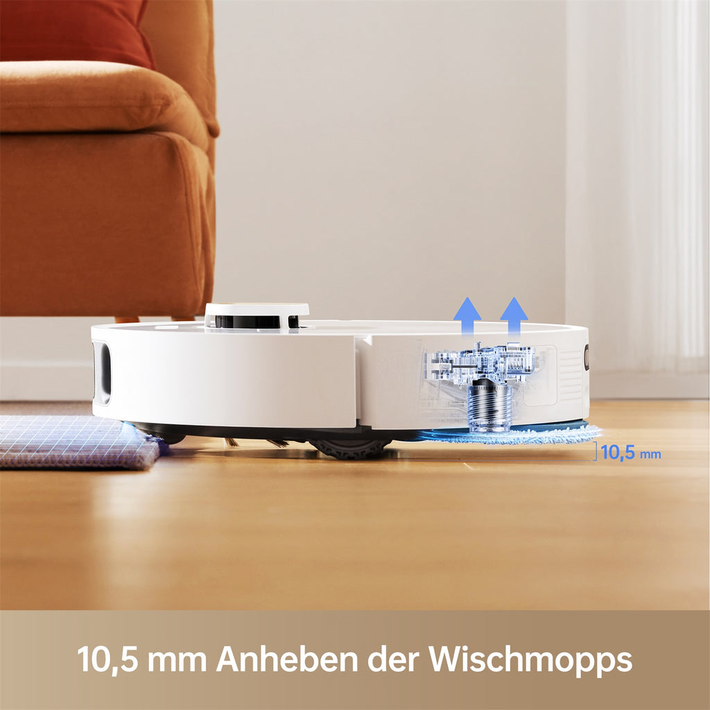 Weißer Roboter-Staubsauger auf Holzboden.