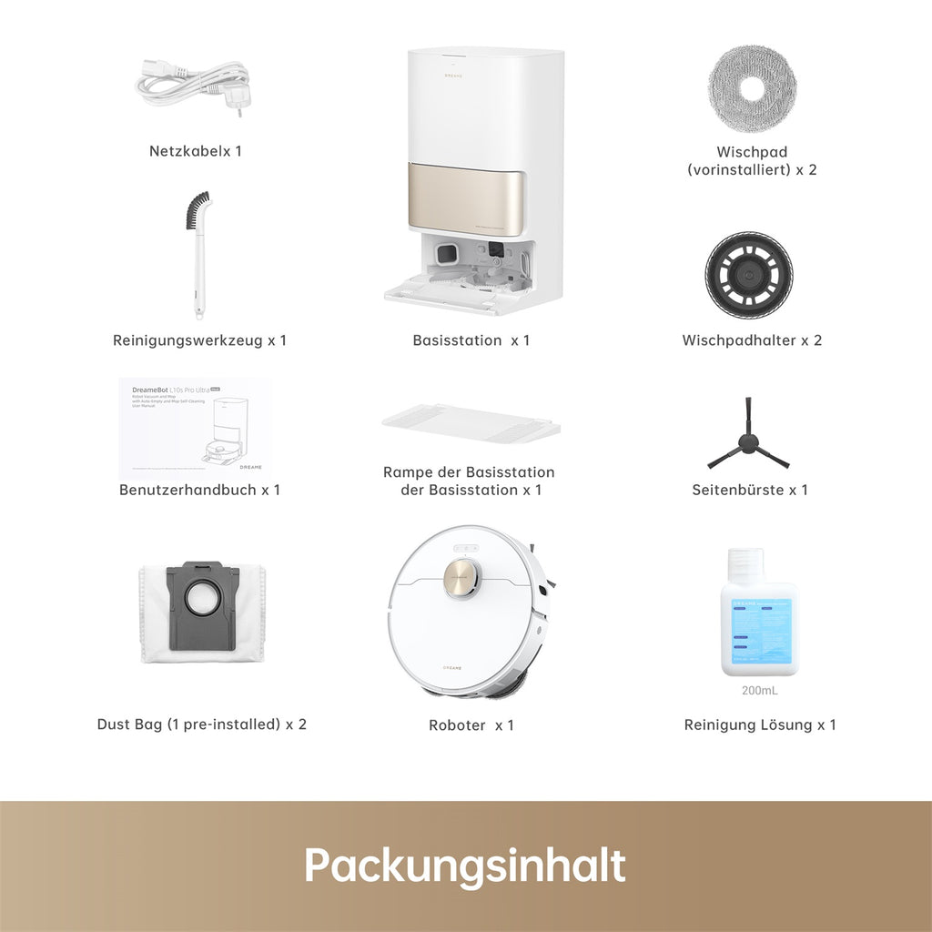 Roboter-Staubsauger mit Zubehör: Ladestation, Reinigungslösung, Staubbeutel und mehr.