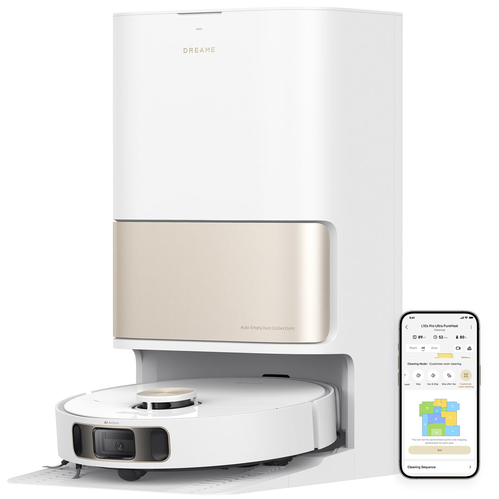 Dreame Roboter-Staubsauger mit Ladestation und Smartphone-App.