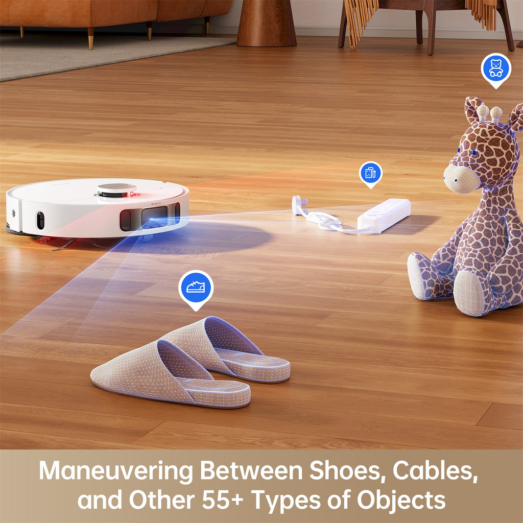 Roboter-Staubsauger, der um Schuhe, Kabel und andere Objekte navigiert.