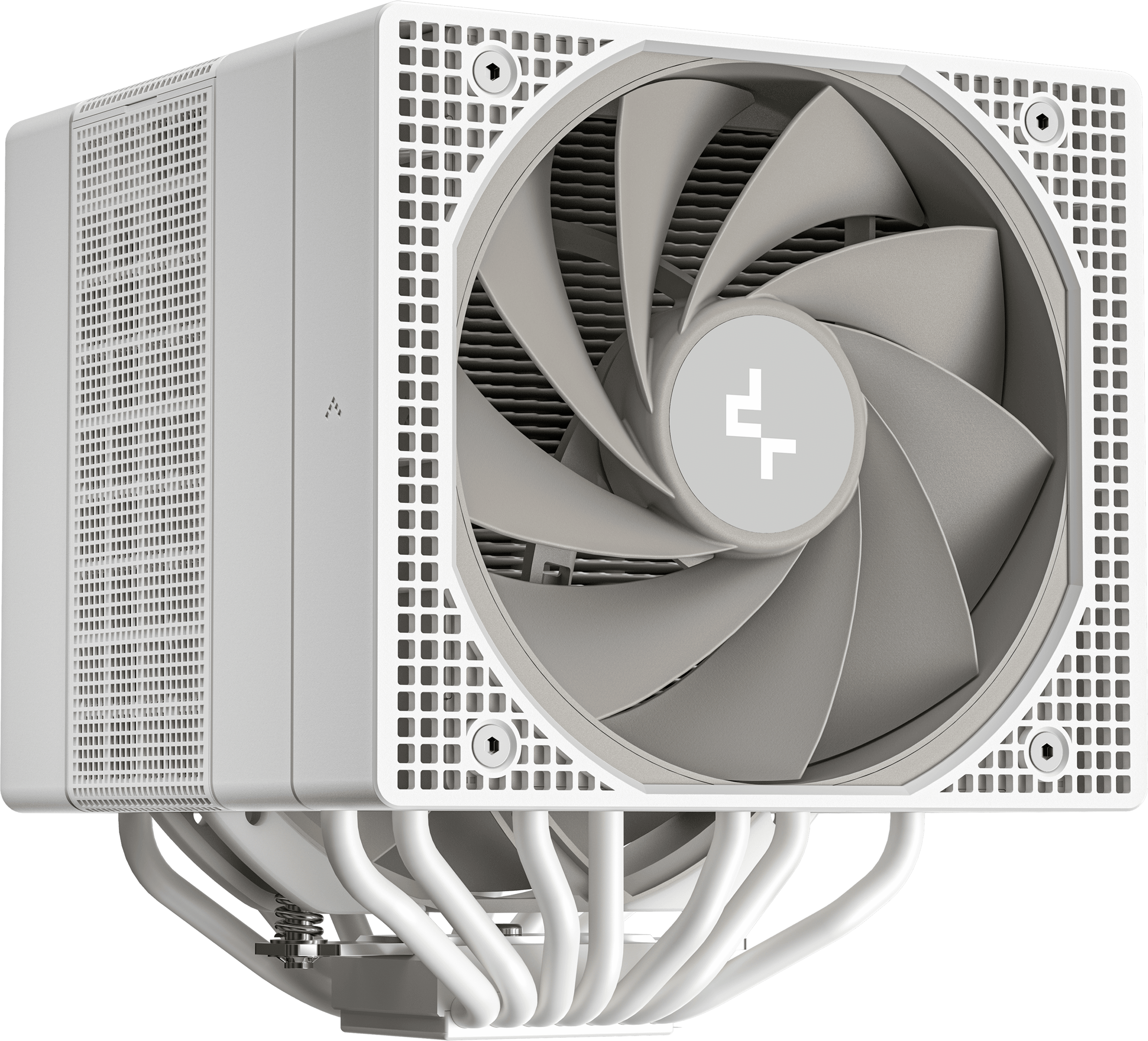 Egy fehér CPU-hűtő nagy ventilátorral. Rácsszerű kialakítású és több hőcsővel rendelkezik.