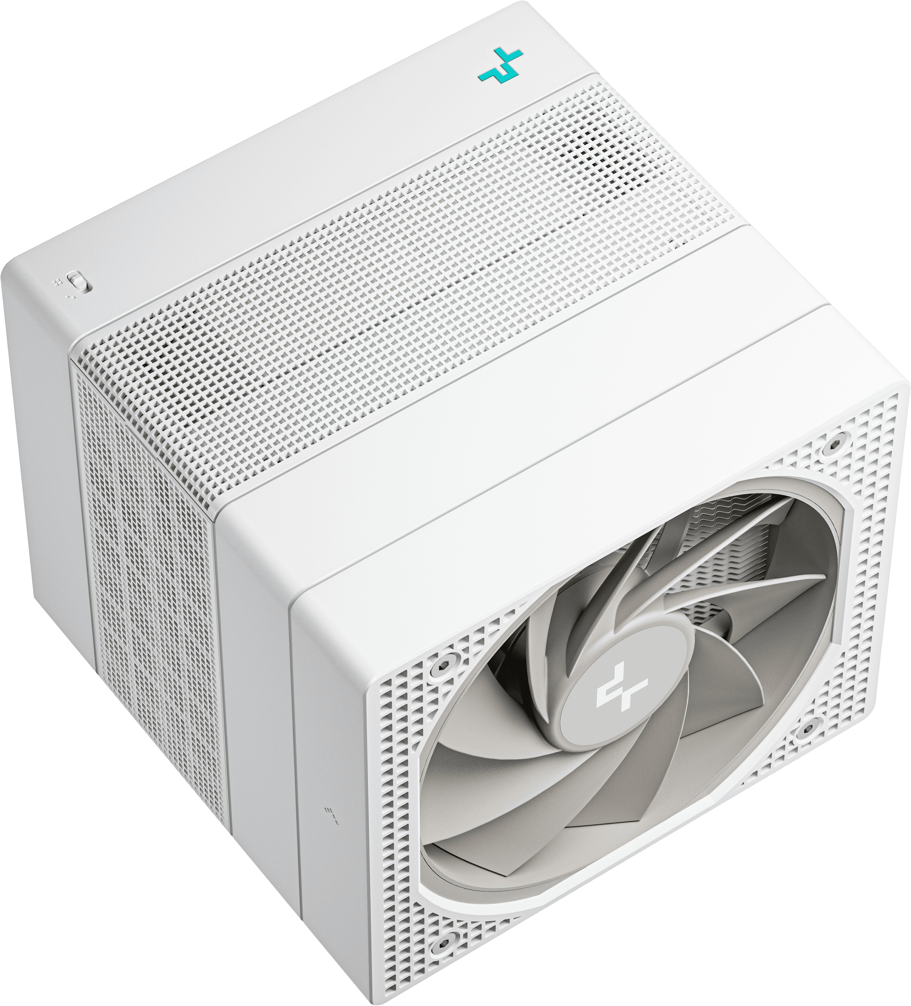 Fehér számítógép hűtőventilátor, felülnézet. Belső ventilátor és hálós kialakítás.