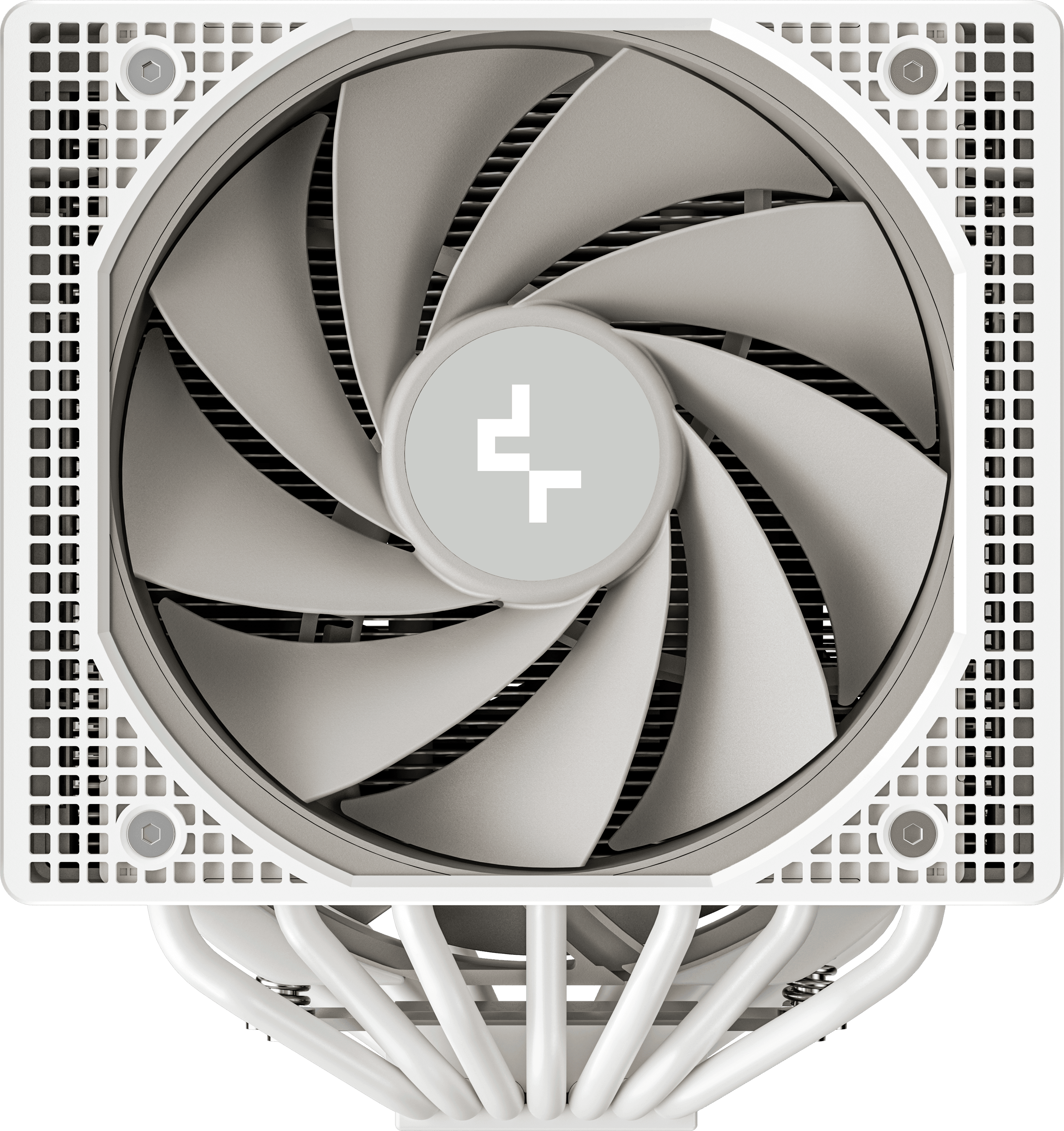 Egy fehér CPU-hűtő ventilátorral és hőcsövekkel, fekete háttér előtt.
