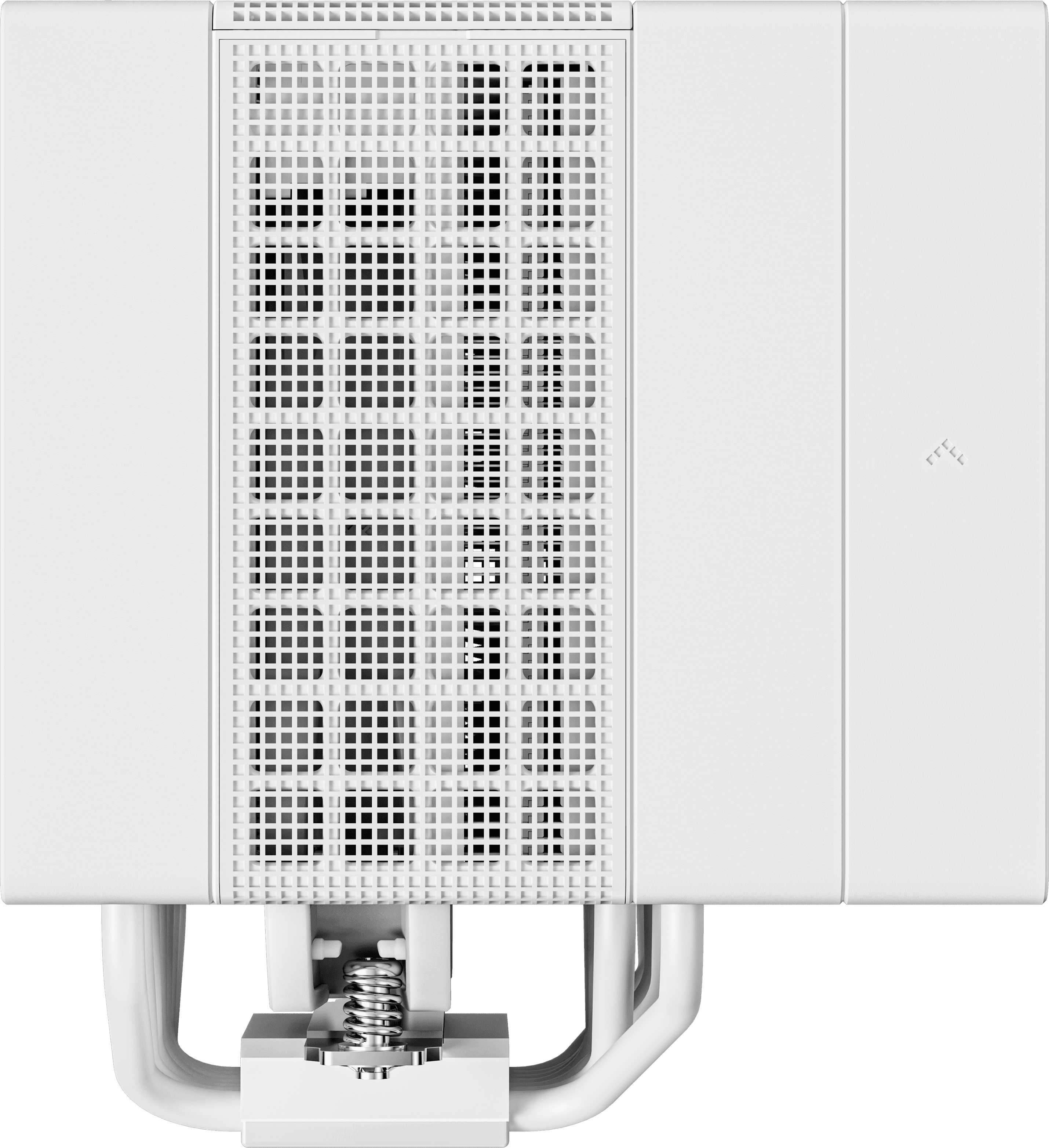 Egy fehér számítógép hűtő közelképe ventilátorral és fém alkatrészekkel.