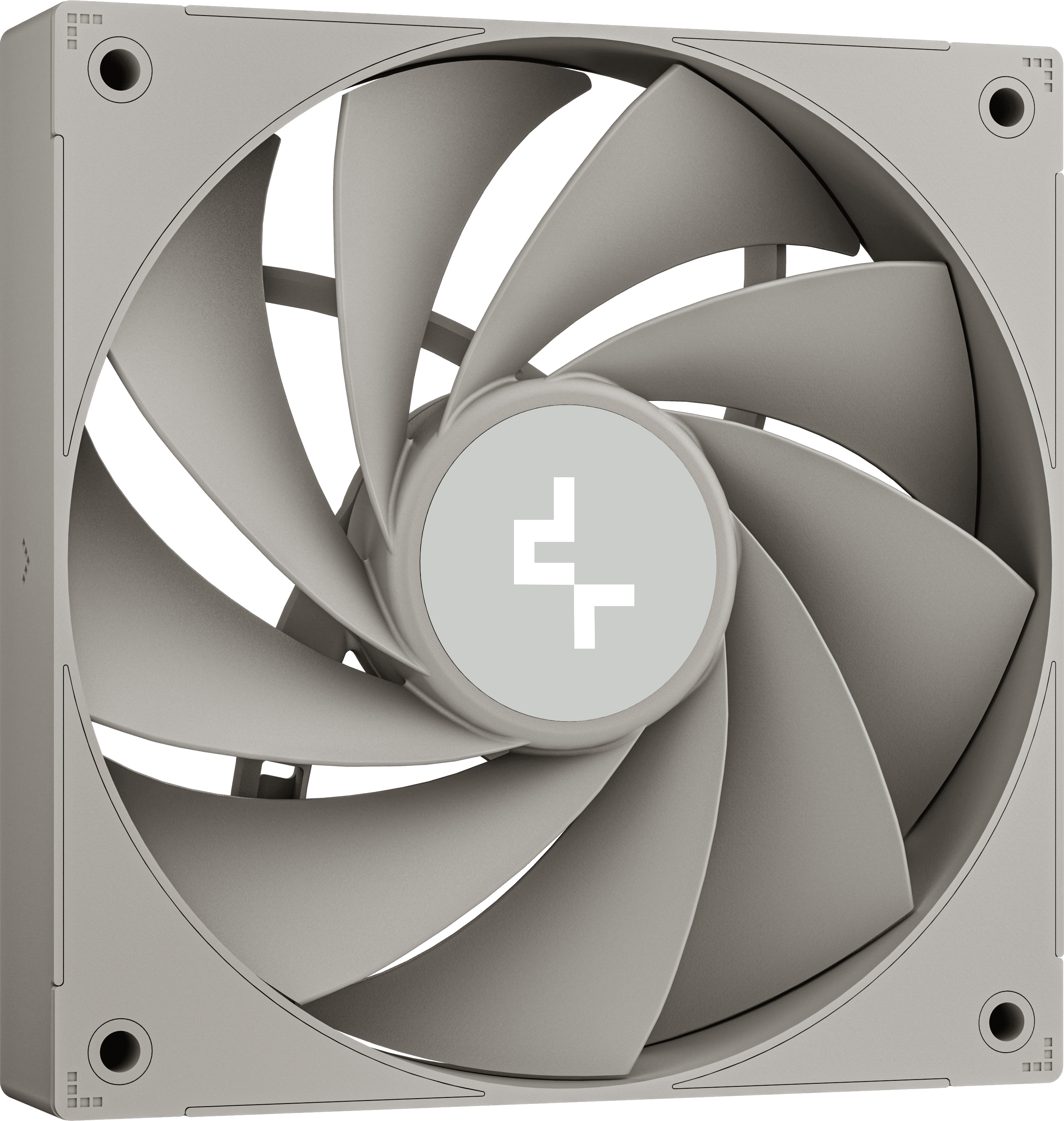 Egy számítógép-ventilátor szürke házzal, lapátokkal és fehér középső logóval.