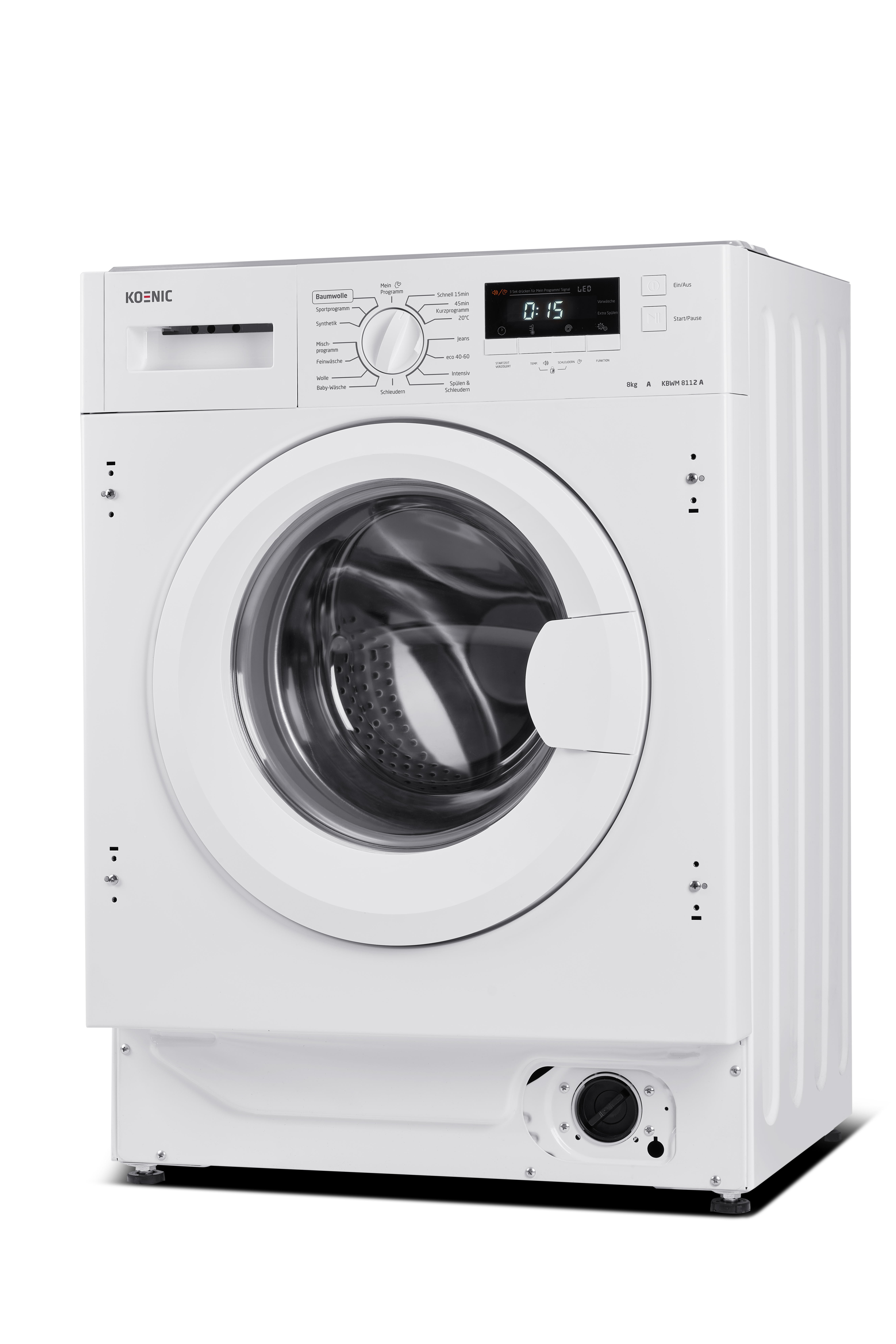 Weiße Waschmaschine mit Bedienfeld und offener Tür.