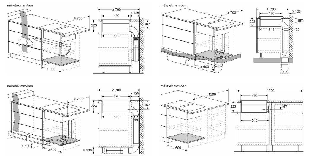 Diagram különböző konyhaszekrény konfigurációkkal és méretekkel.