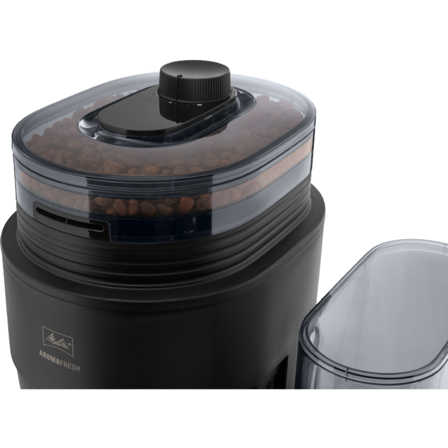 Zwarte Melitta AromaFresh koffiemolen met bonen. Een doorzichtige container rechts.