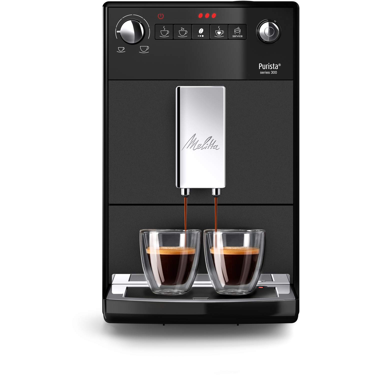 Zwarte Melitta Purista koffiemachine die koffie in twee glazen schenkt.