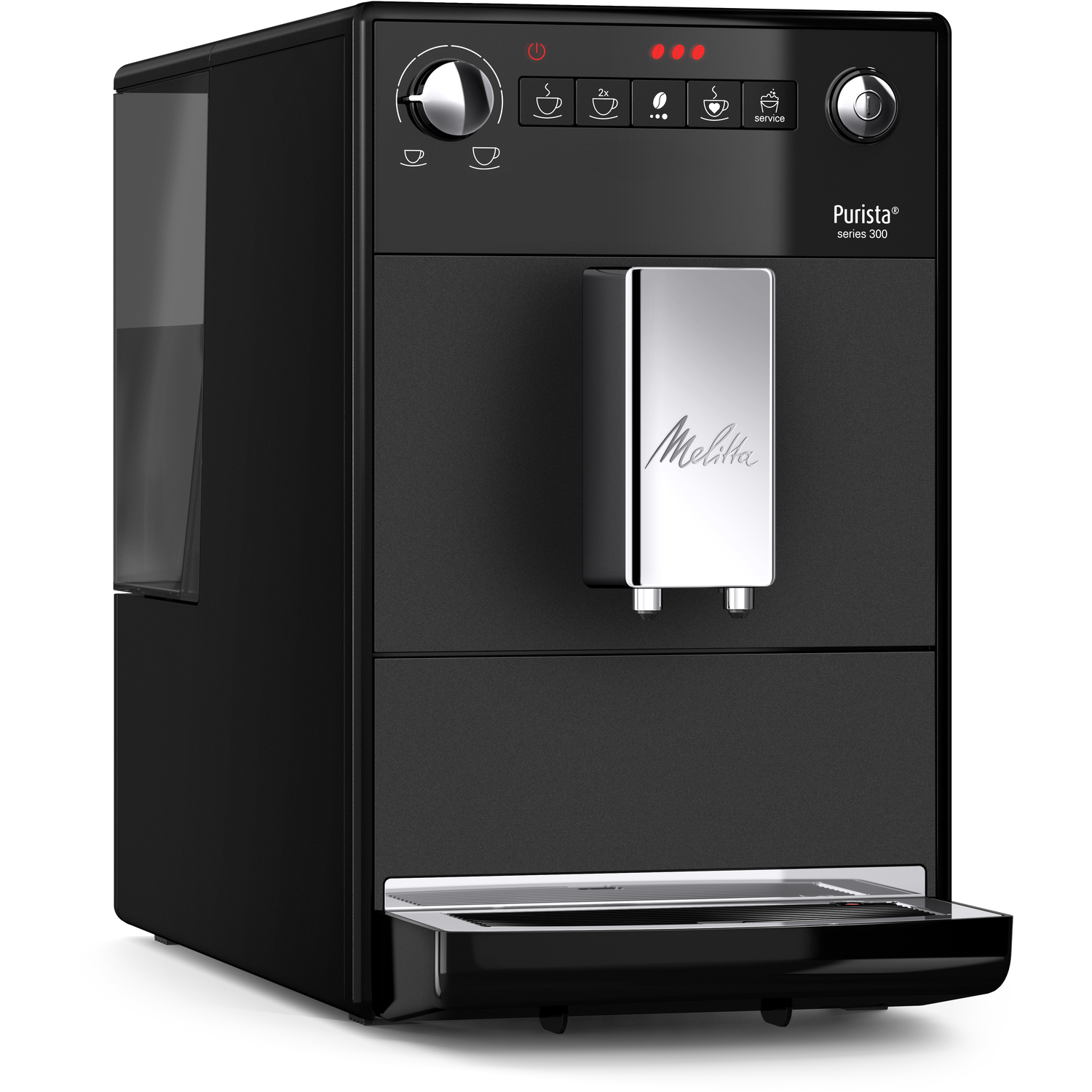 Zwarte espressomachine met zilveren accenten en knoppen.