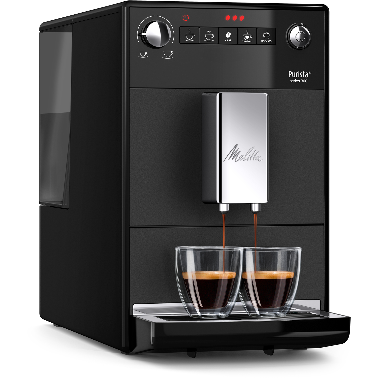 Zwart koffiezetapparaat dat koffie in twee glazen doseert.