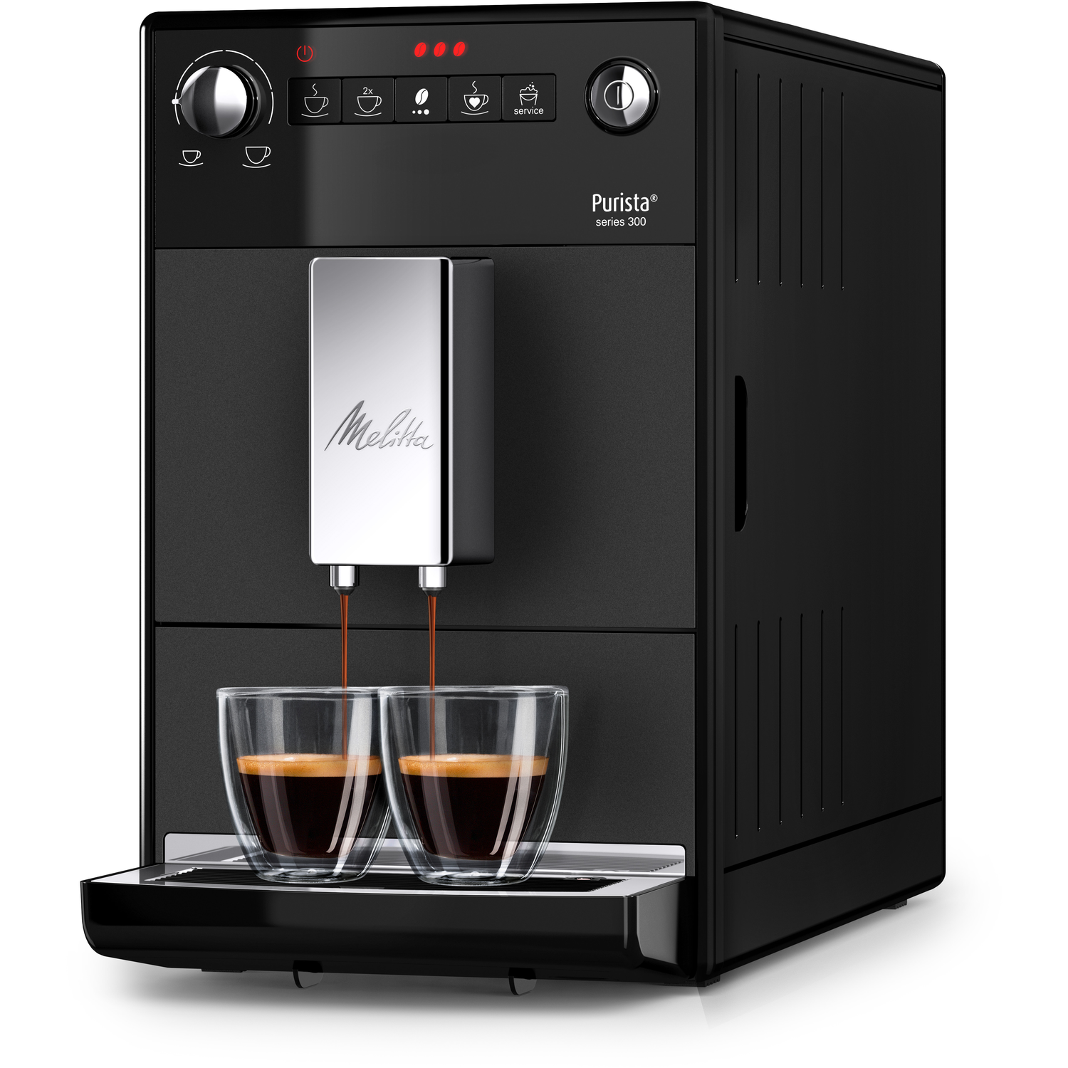 Een zwart koffiezetapparaat met twee glazen kopjes die koffie uitschenken. Het Melitta-logo is zichtbaar.