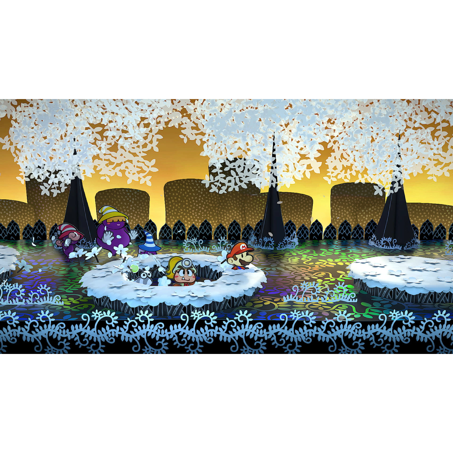 A Paper Mario game scene with Mario, Peach, and others on a snowy island surrounded by water.