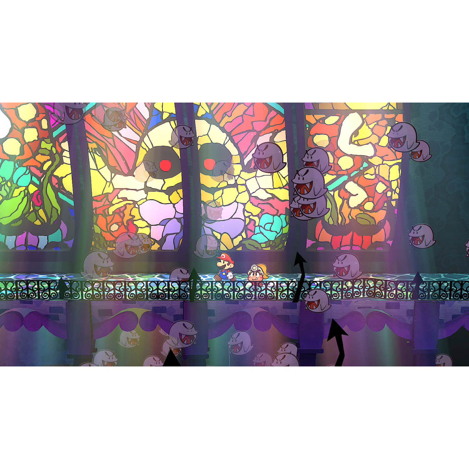 A video game scene with Mario and other characters in a colorful, haunted house setting.