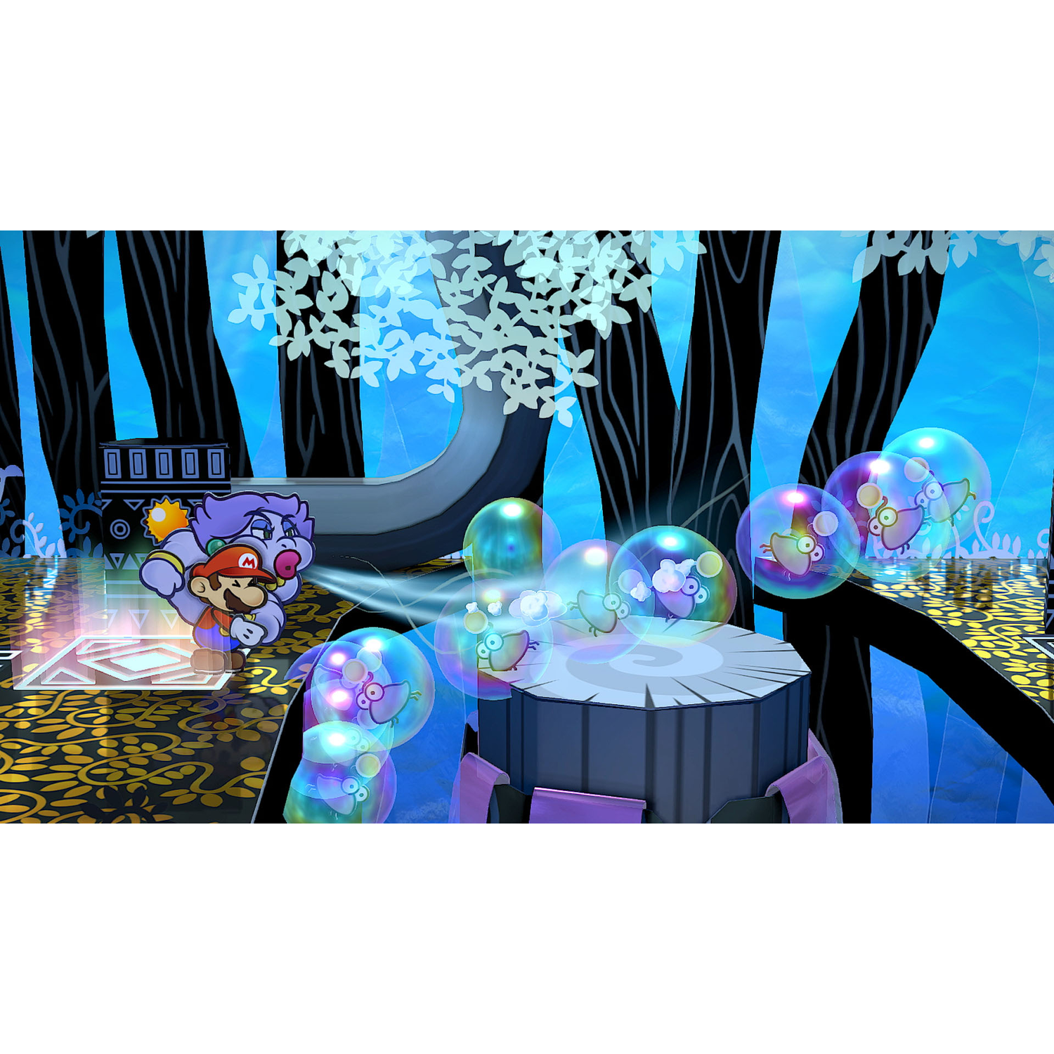 Mario in a game scene with bubbles and a character in a purple suit.