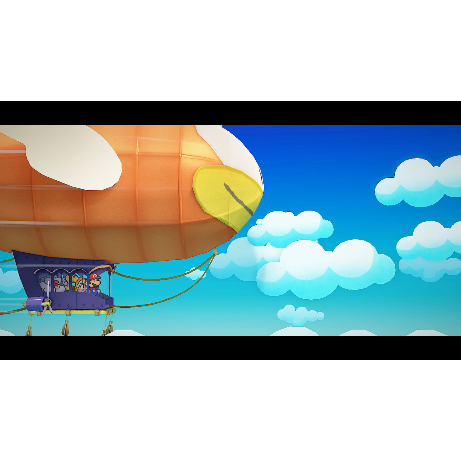 An airship with characters in the cabin flying in a blue sky with clouds.