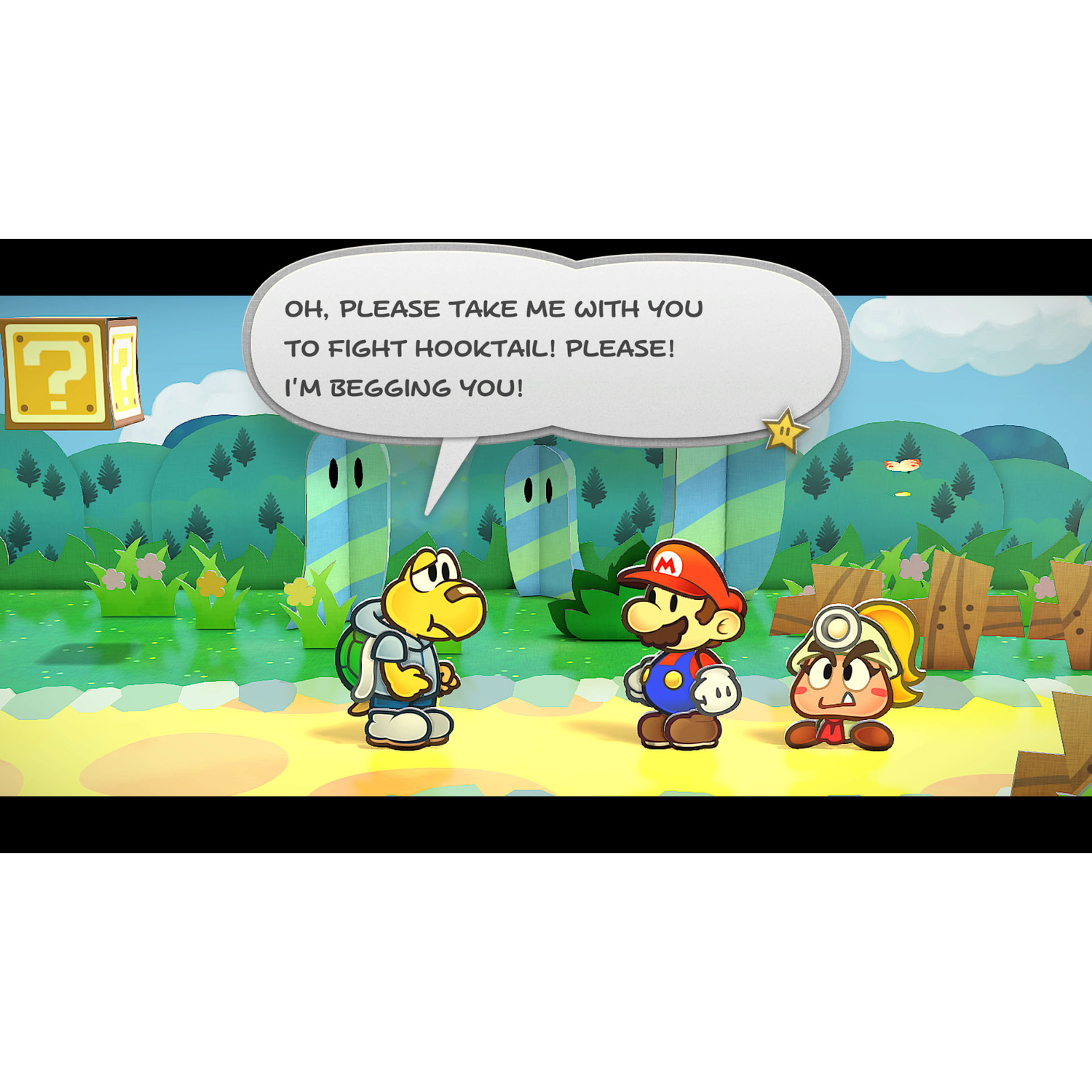 Mario and two other characters in a video game scene, with dialogue bubble requesting help.