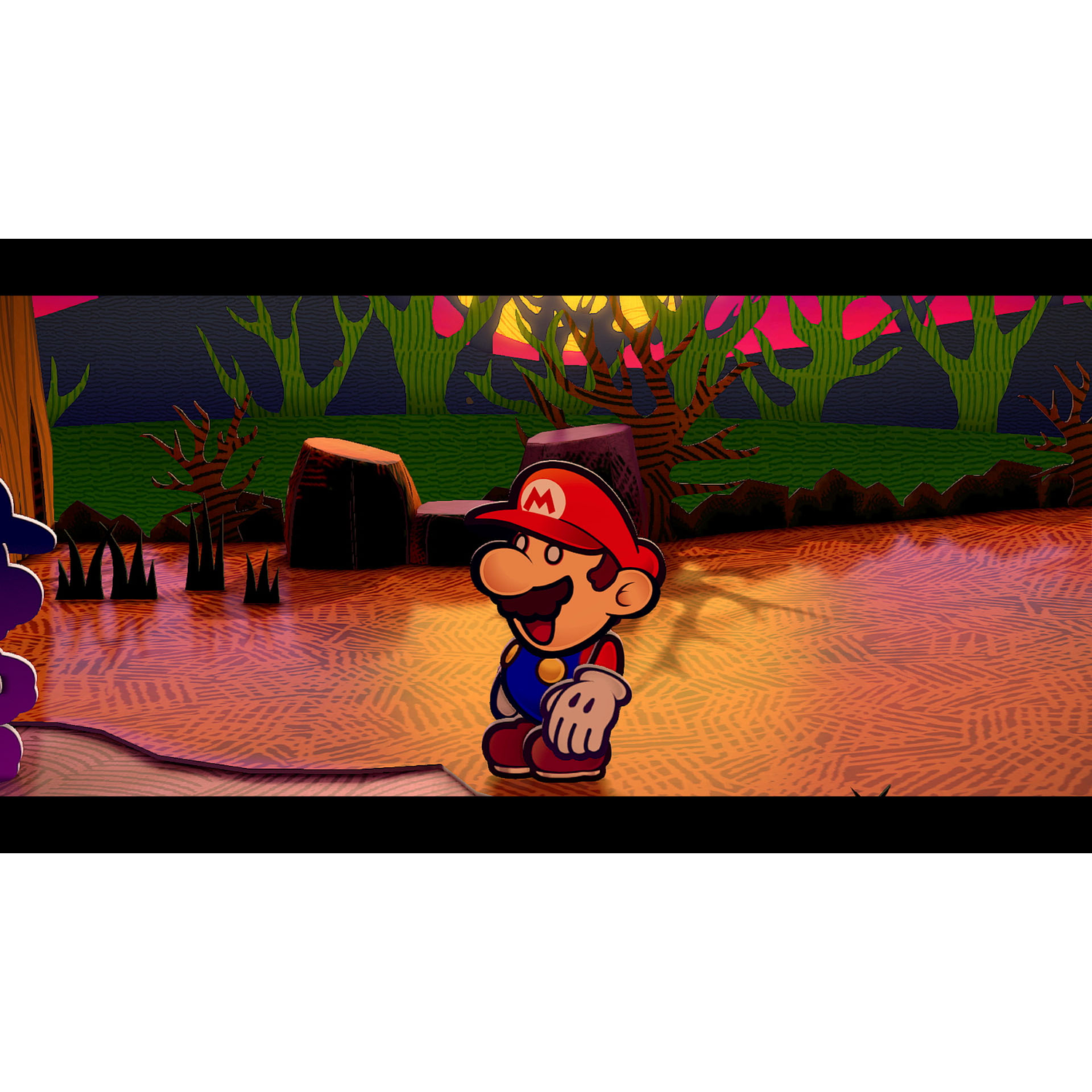 Mario character in a video game scene with a forest background and a sunset.