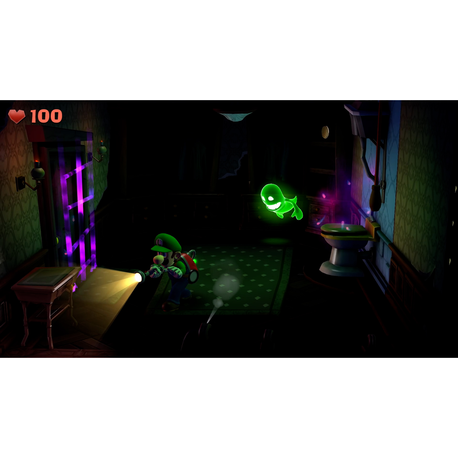 Luigi met een zaklamp in een donkere kamer, die een groene geest achtervolgt. De game staat op een scherm.