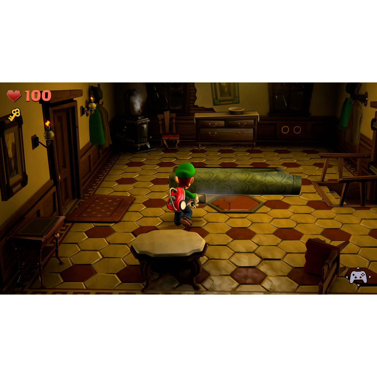 Luigi in een spookhuis-game-scene. De kamer heeft een sleutel en een hartteller.