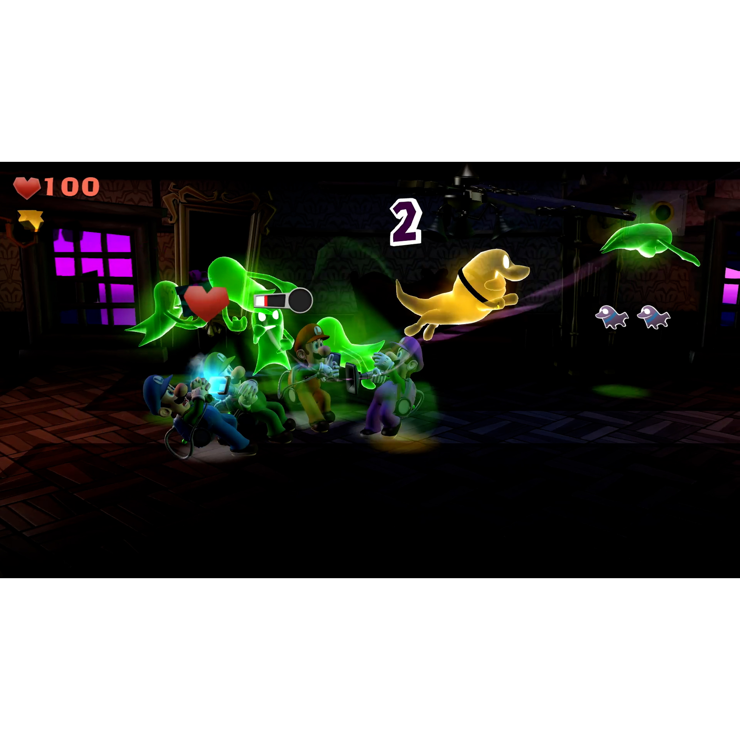 Luigi en andere spookachtige personages in een videogame met spoken en harten.