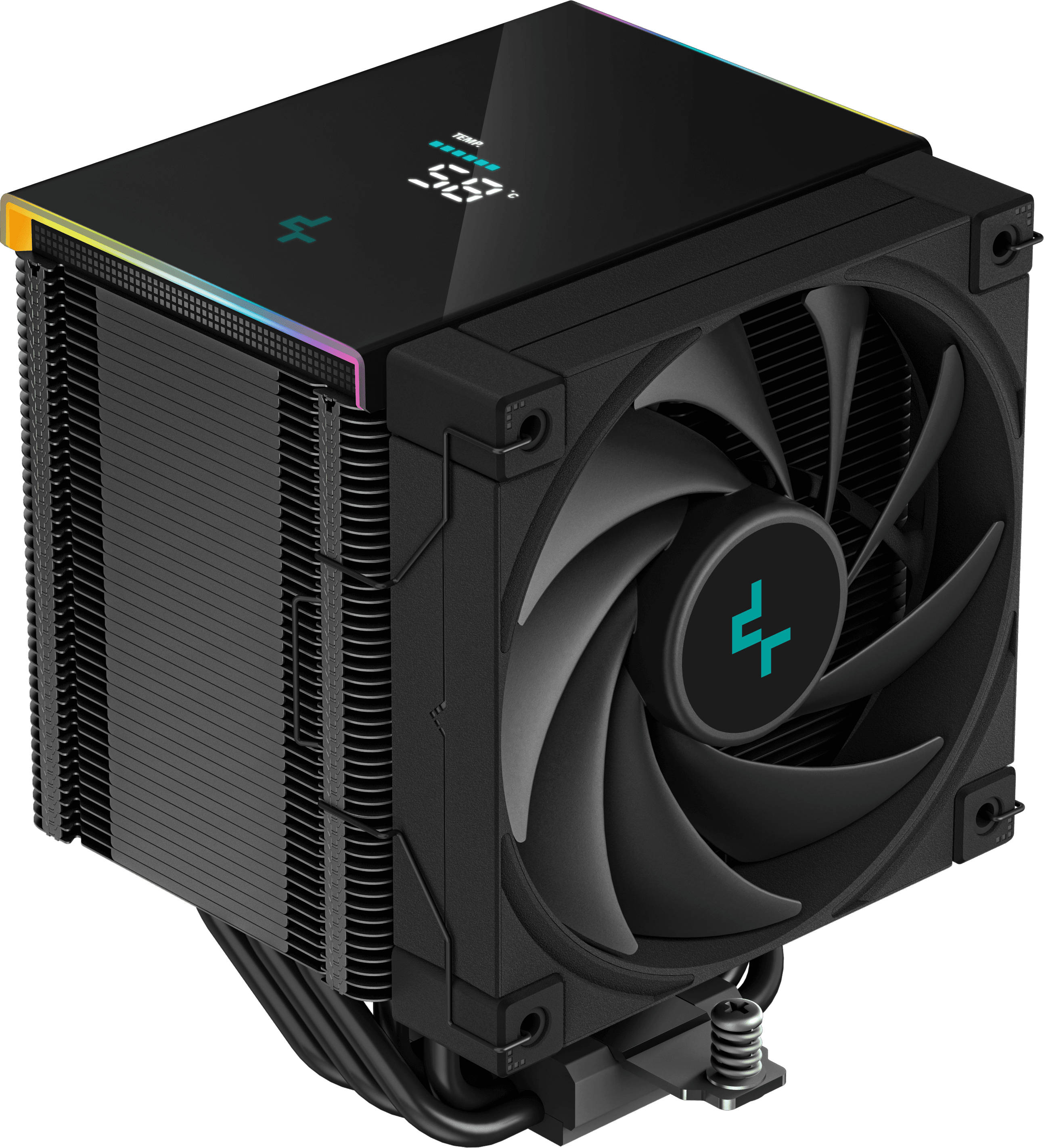 Fekete CPU-hűtő ventilátorral, LED-ekkel és digitális kijelzővel.