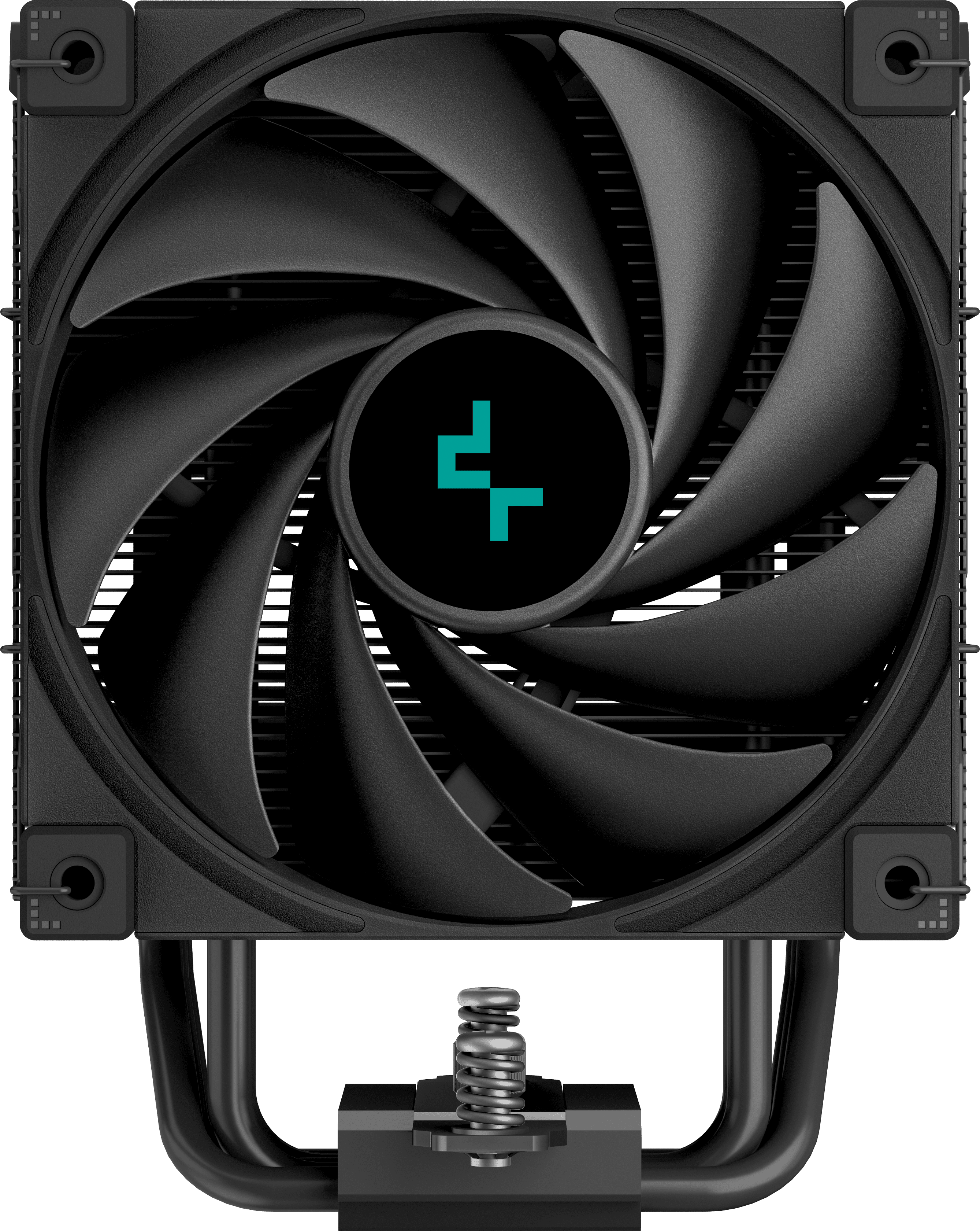 Fekete számítógép ventilátor több lapáttal, központi logóval és fém alappal.