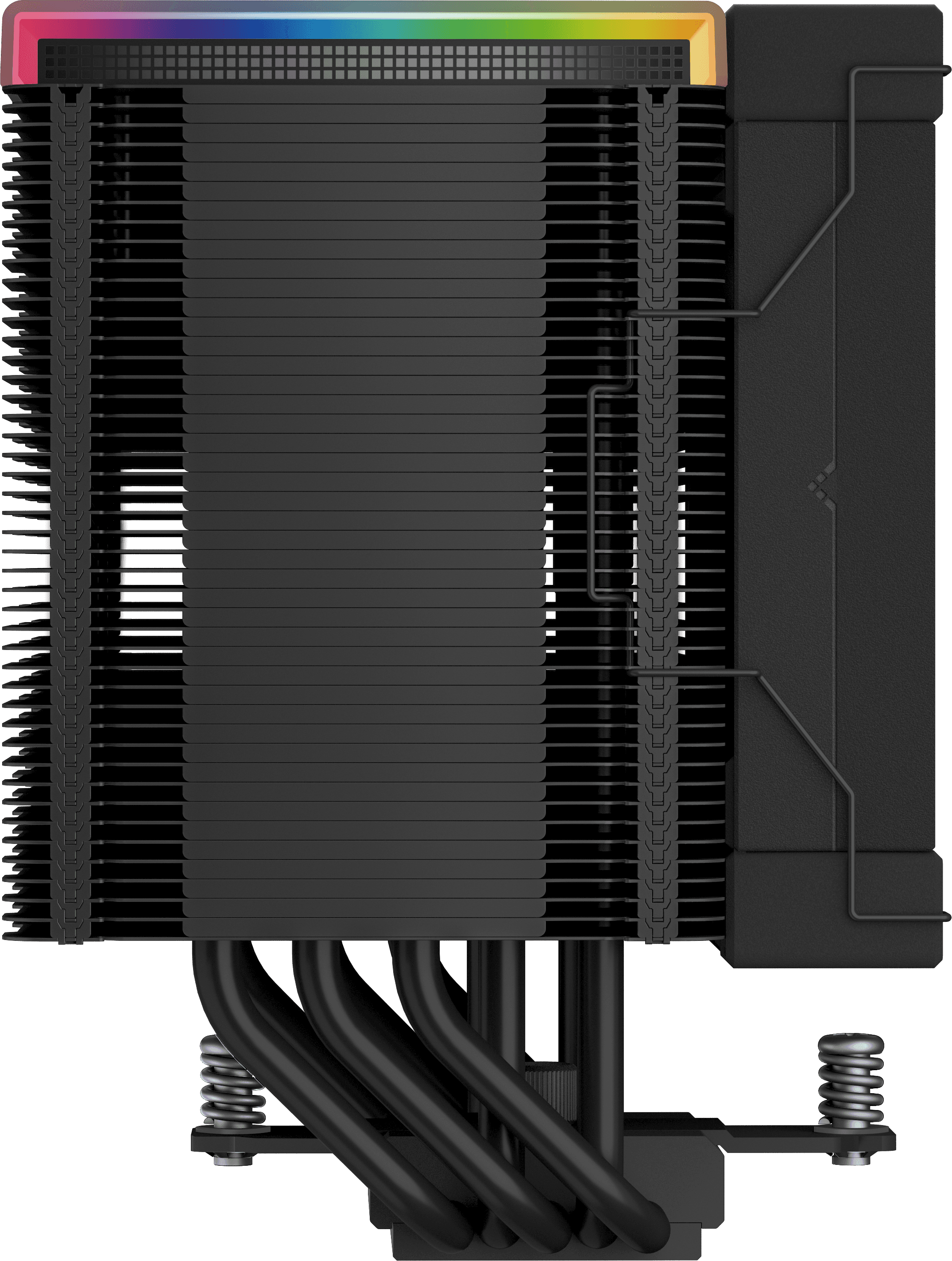 Fekete CPU-hűtő ventilátorral és hőcsövekkel.