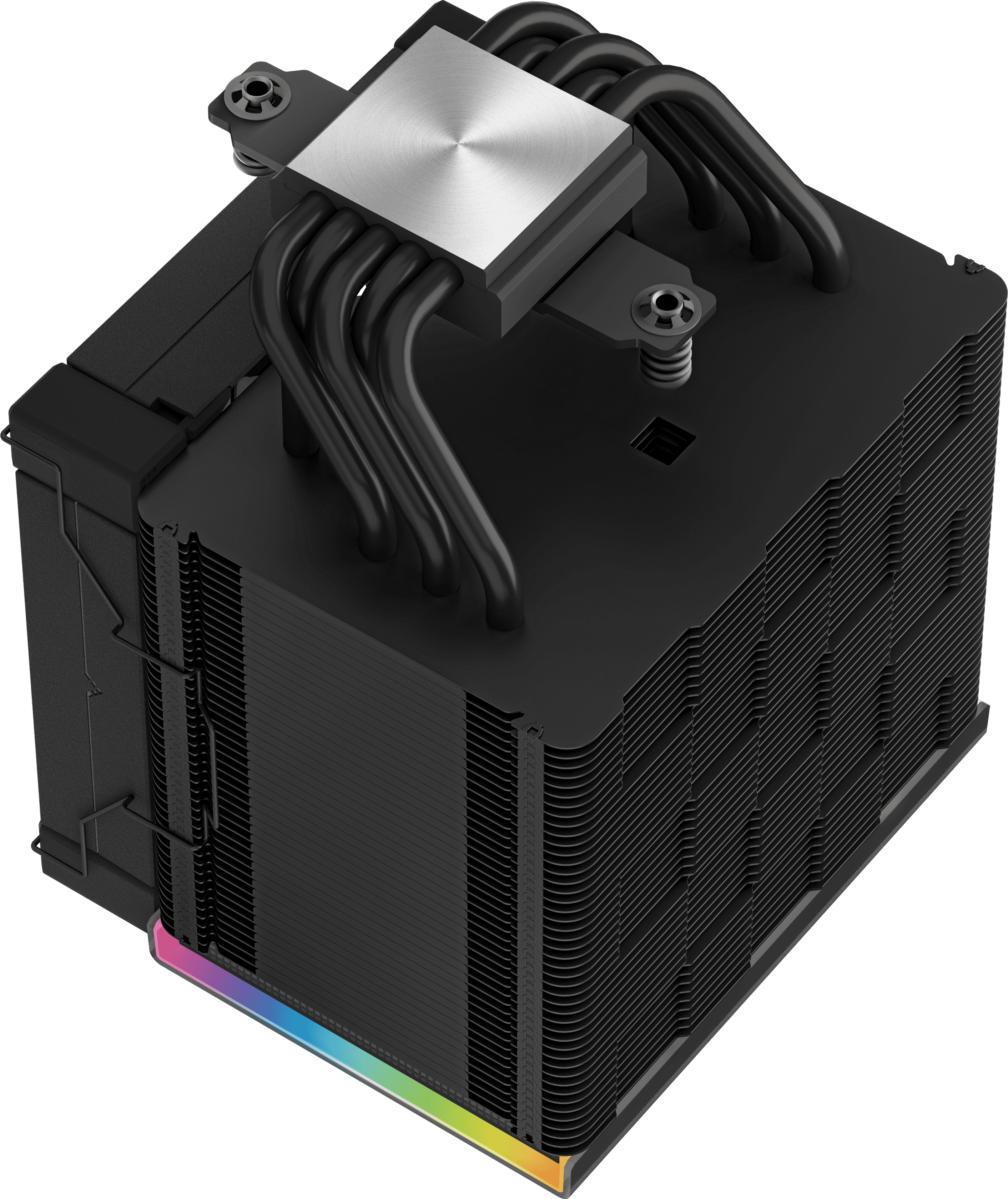 Fekete CPU-hűtő több hőcsővel és RGB világítással rendelkező ventilátorral.