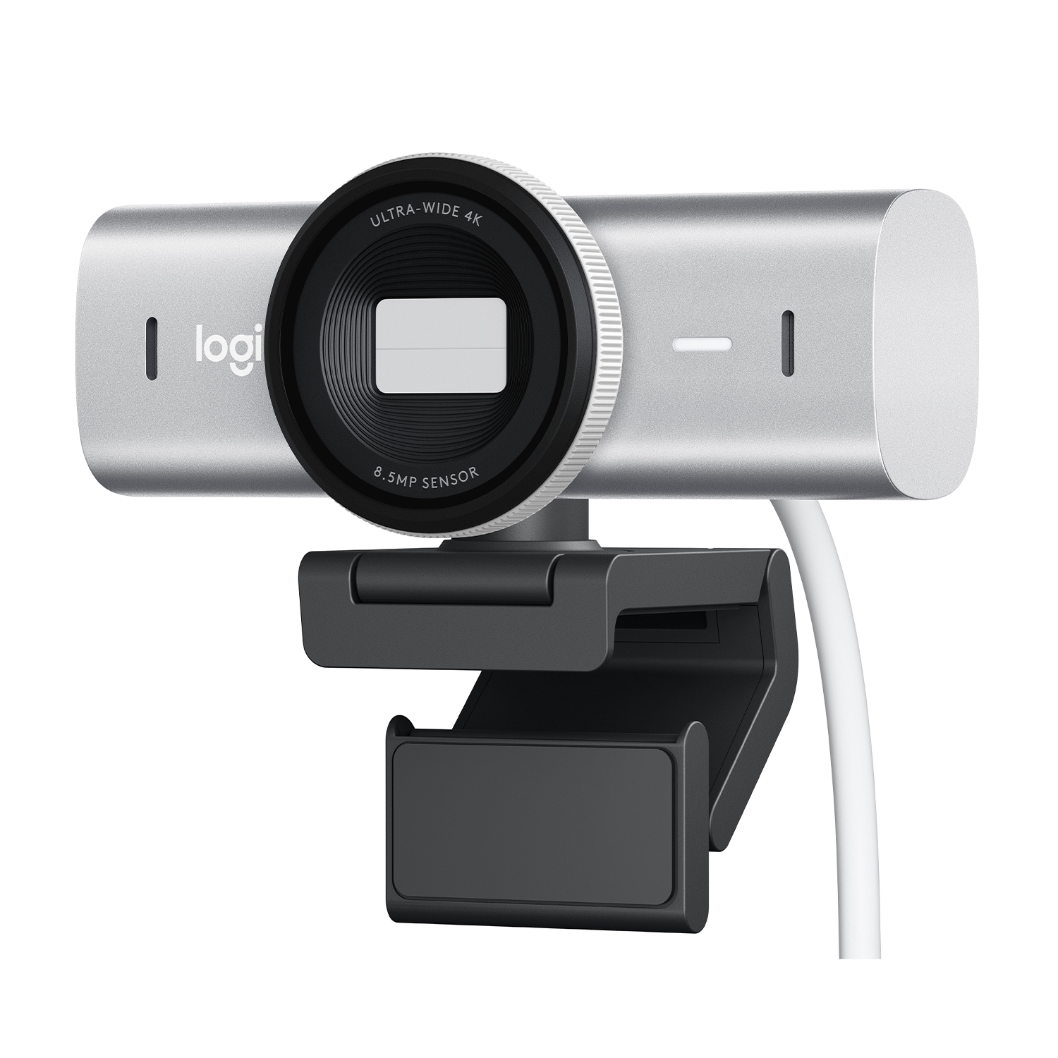 Una webcam argentata con supporto nero. Dice 'ULTRA-WIDE 4K' e ha una lente nera.