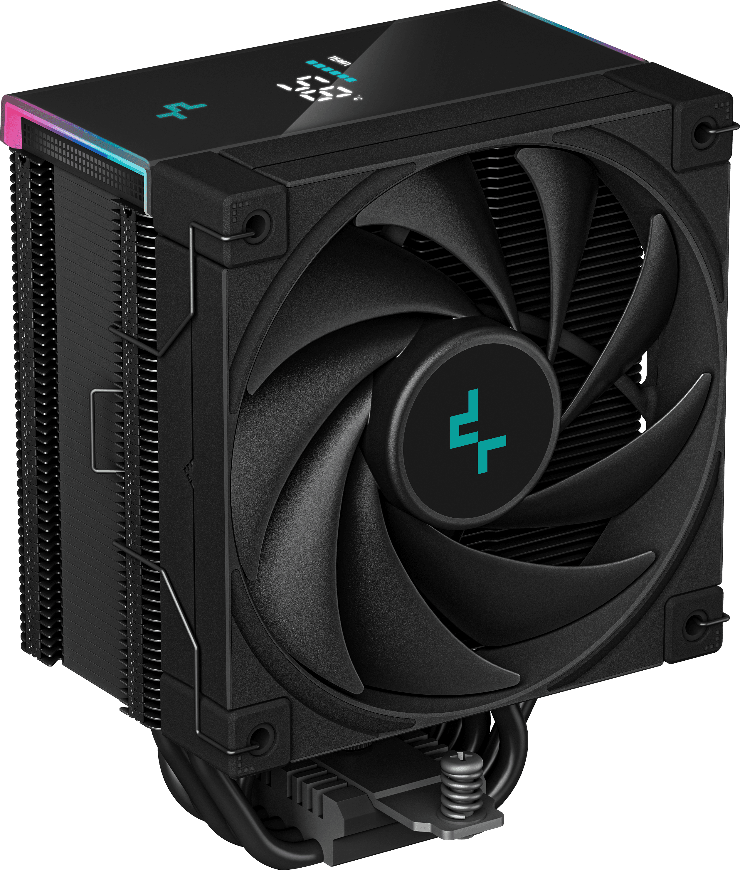 Fekete CPU-hűtő ventilátorral, felülnézet és oldalsó nézet.