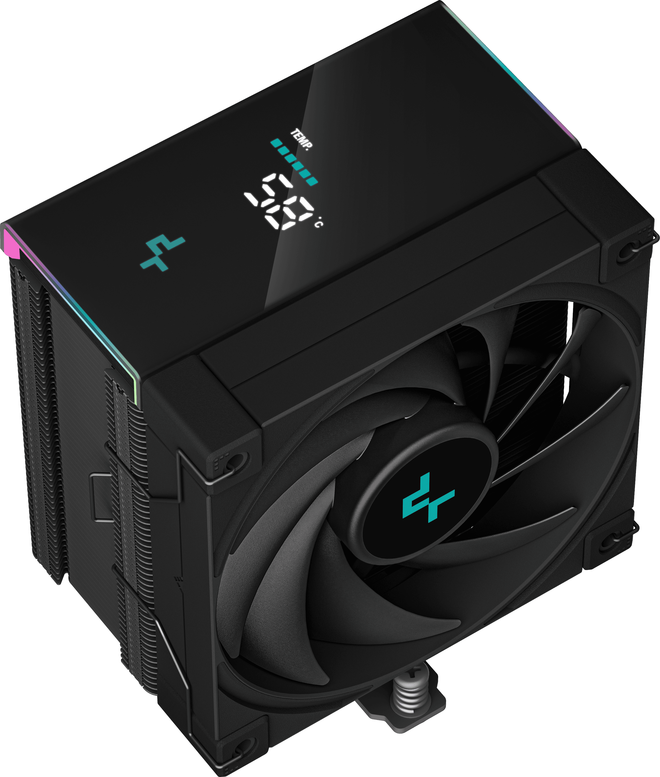 Fekete CPU-hűtő ventilátorral, hőmérséklet-kijelzővel, kék és rózsaszín díszvilágítással.