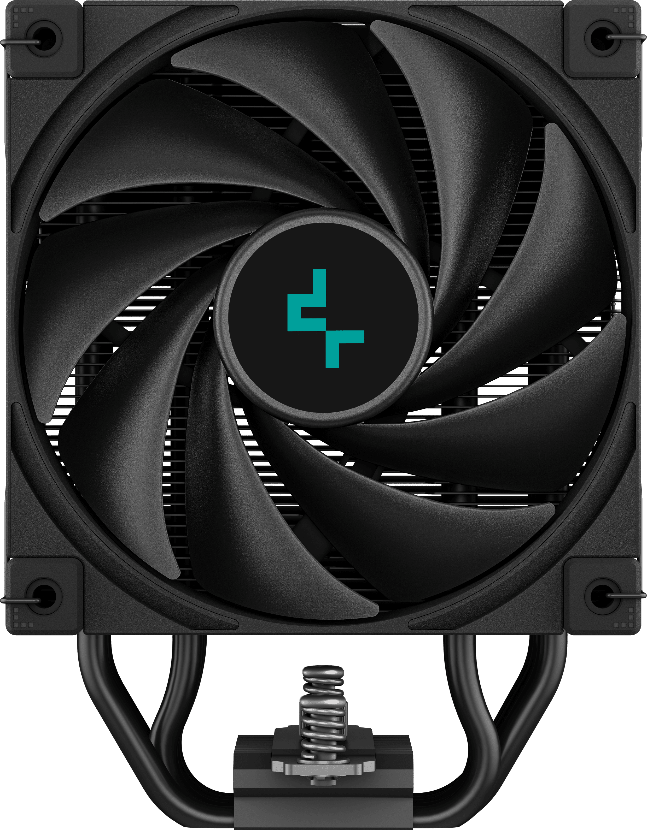 Egy fekete CPU-hűtő ventilátorral és kék logóval, fém alkatrészekkel, fehér háttéren.