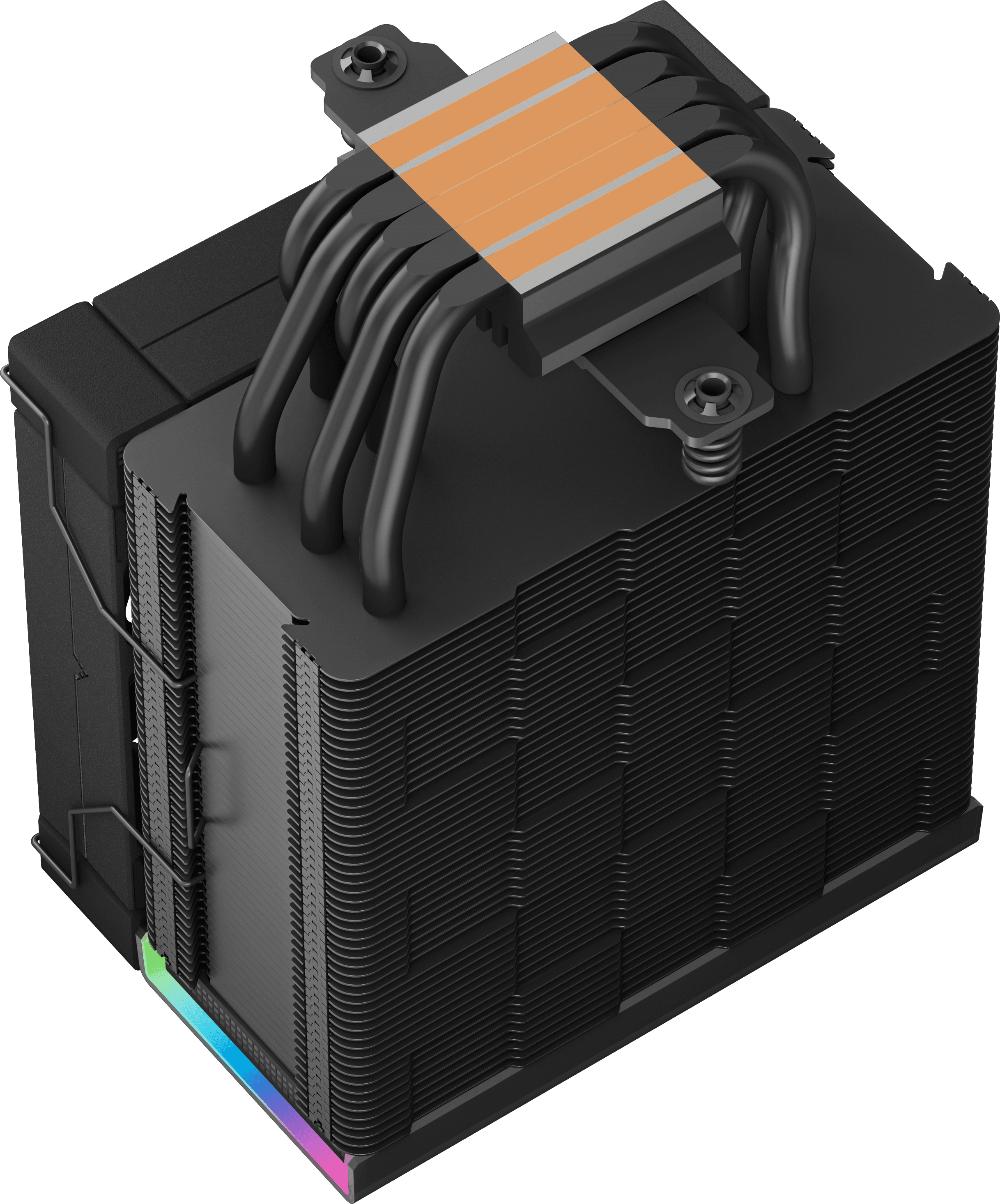 Fekete PC CPU-hűtő réz hőcsövekkel és fekete radiátorral, RGB világítással az alján.