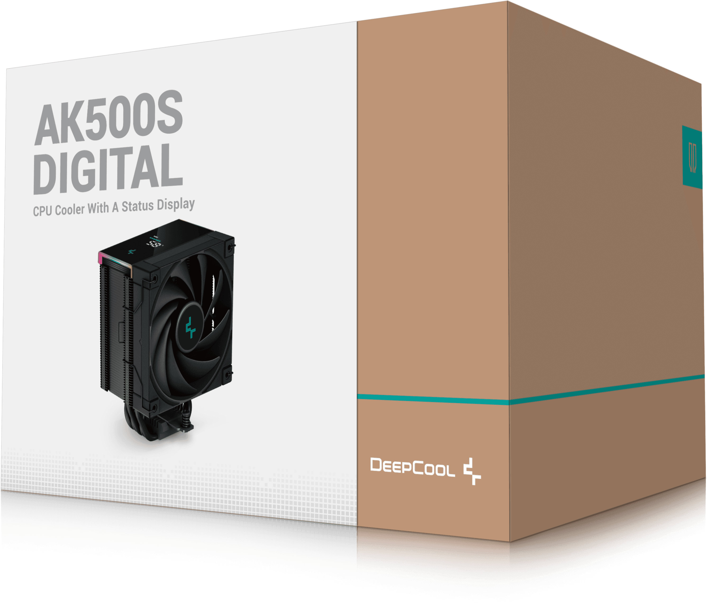 CPU hűtő doboza. Fekete hűtő ventilátorral. Szöveg: AK500S DIGITAL, CPU hűtő kijelzővel.