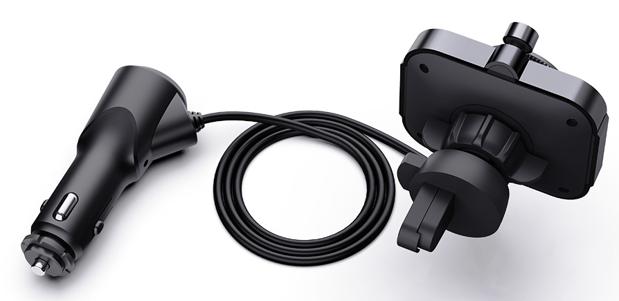 Czarna ładowarka samochodowa i uchwyt z kablem.