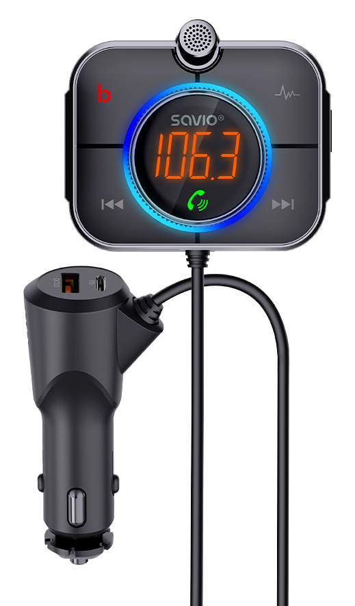 Czarna ładowarka samochodowa z wyświetlaczem pokazującym 106.3 i ikoną telefonu.