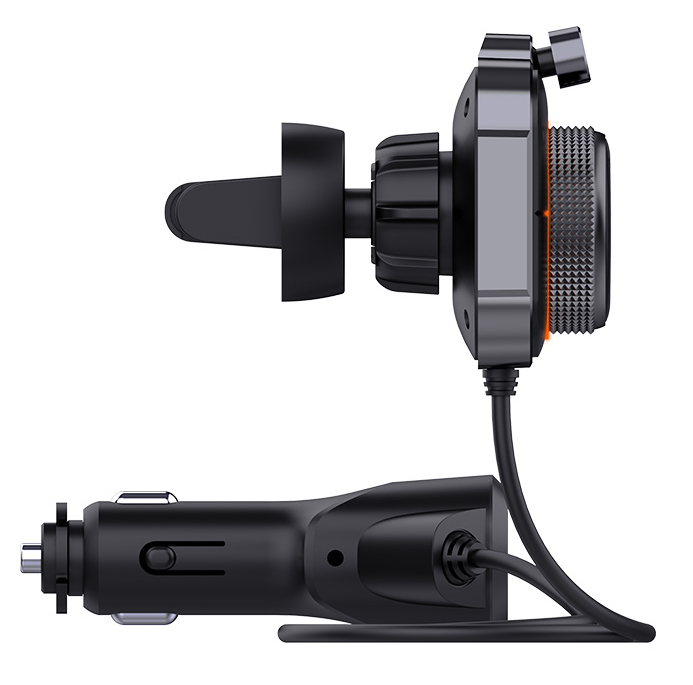 Czarna kamera samochodowa podłączona do ładowarki samochodowej. Kamera jest na uchwycie, z ekranem i przyciskami.