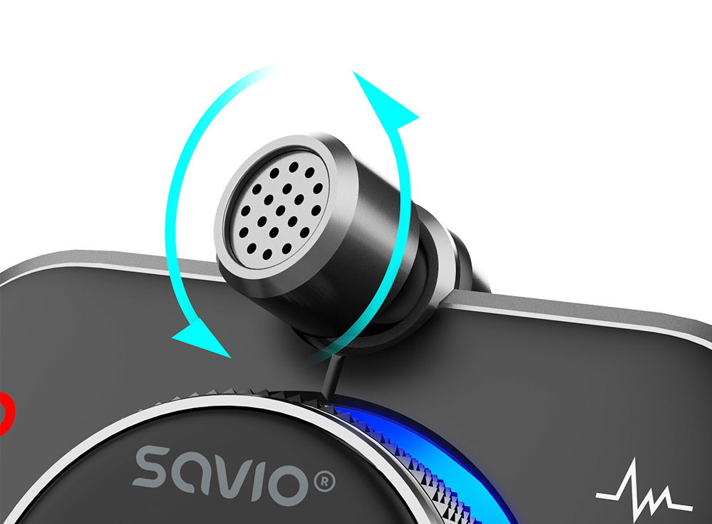 Zbliżenie mikrofonu ze strzałkami pokazującymi obrót.