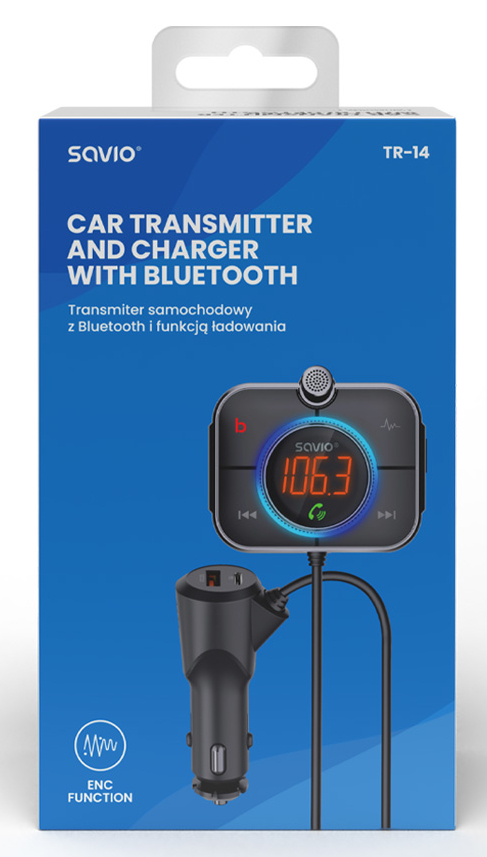 Nadajnik samochodowy i ładowarka z Bluetooth w pudełku.