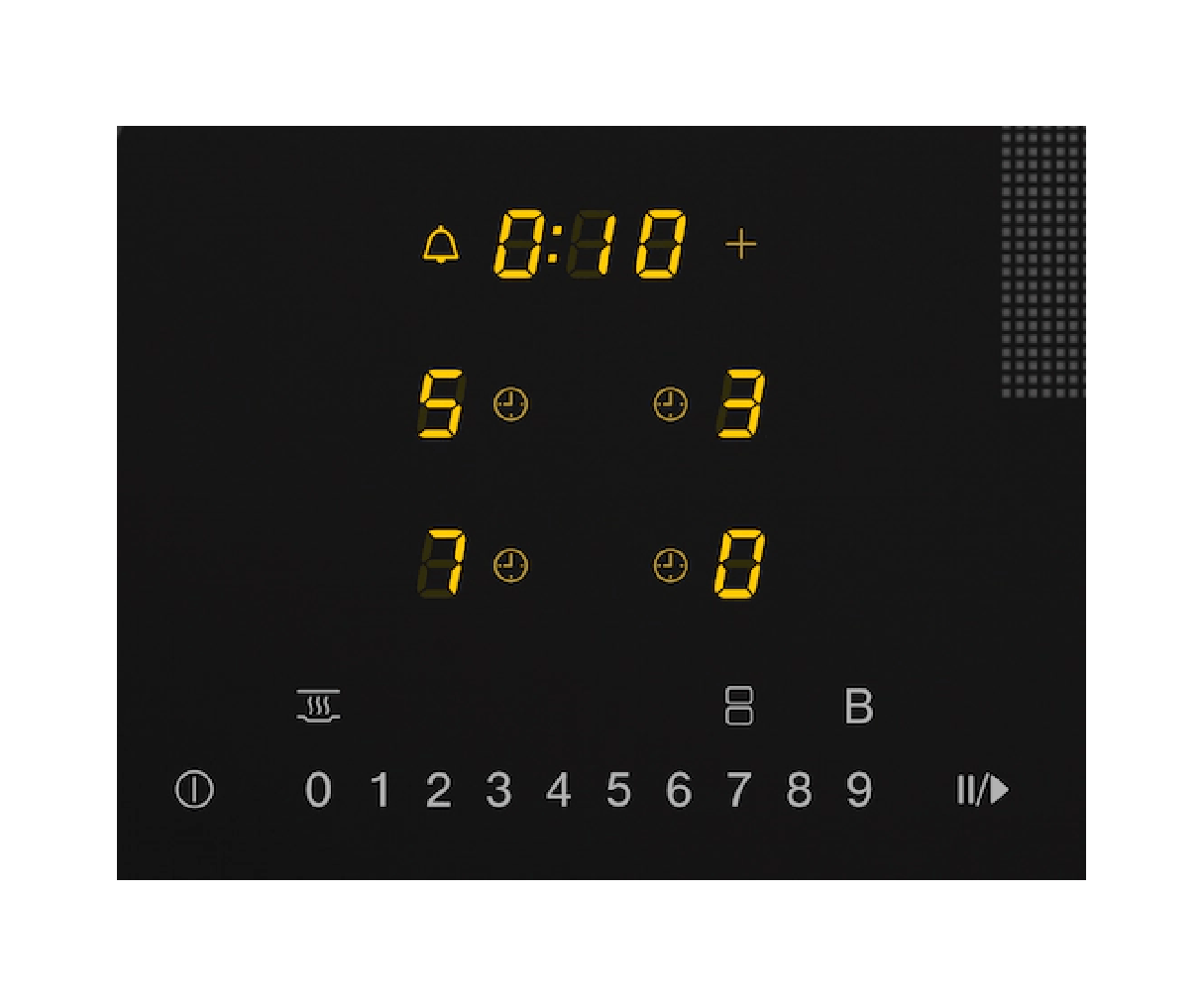 Pantalla negra de electrodoméstico con números amarillos que muestran la hora y la configuración.