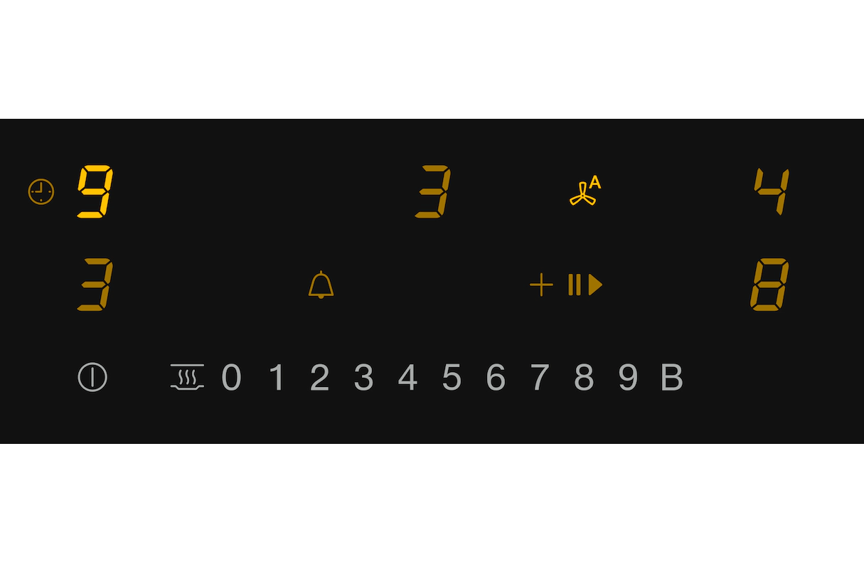 Pantalla digital con números y símbolos amarillos sobre fondo negro. Muestra números.