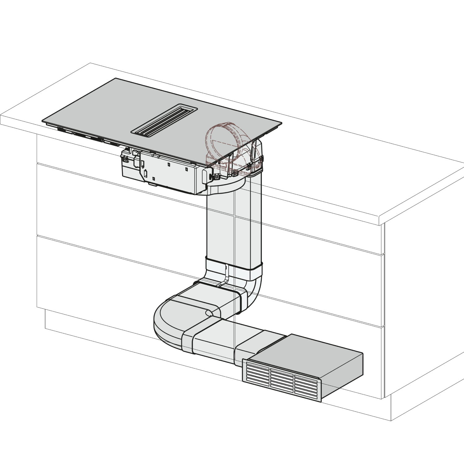 Se muestra un sistema de ventilación de cocina, con una campana extractora sobre una encimera y un conducto.